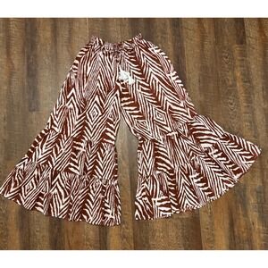Free Destination Boho Ruffle Bell Bottom Palazzo Pants Brown Ivory M